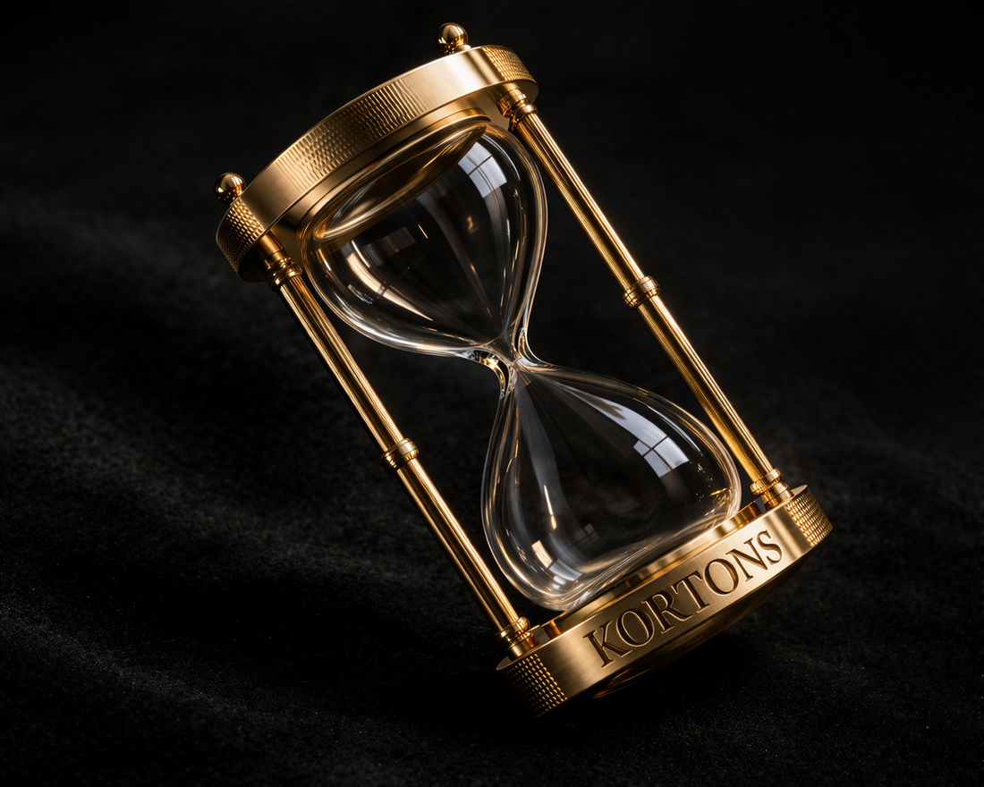 High-end gold and glass hourglass on a deep black suede gradient background, featuring a sharply engraved “KORTONS” inscription along the bottom rim, illuminated by dramatic lighting that emphasizes the polished metal and crystal-clear glass.