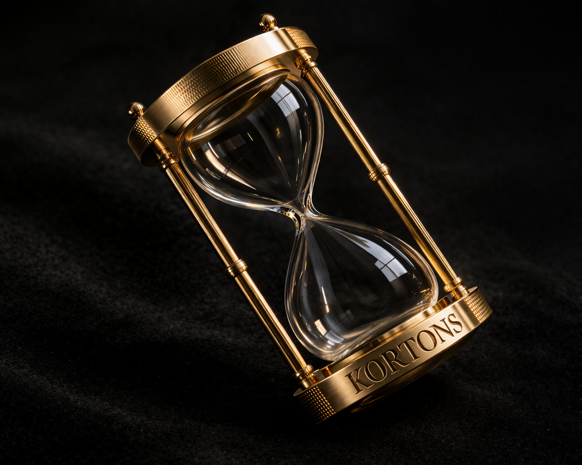 High-end gold and glass hourglass on a deep black suede gradient background, featuring a sharply engraved “KORTONS” inscription along the bottom rim, illuminated by dramatic lighting that emphasizes the polished metal and crystal-clear glass.