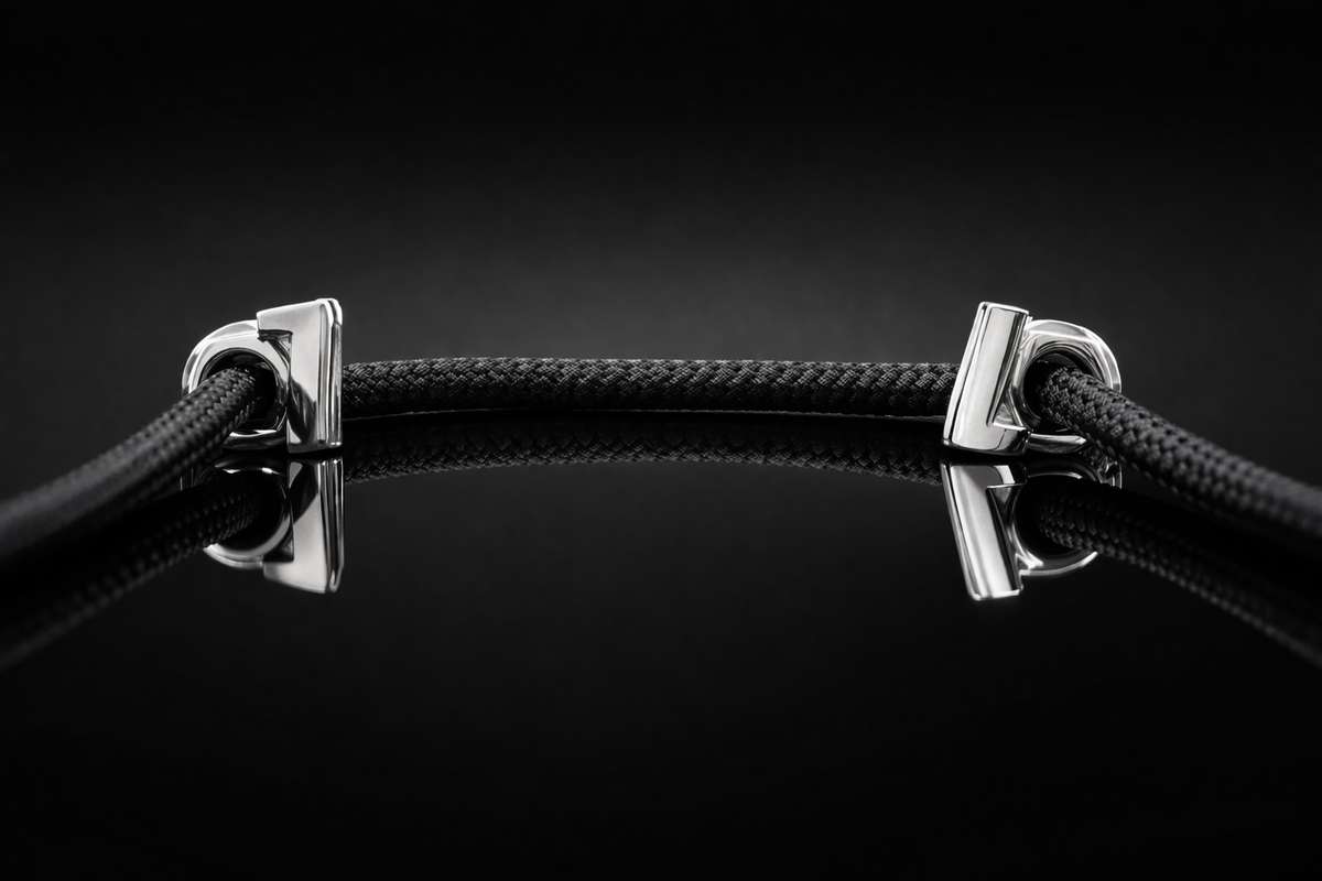 Black braided shoelace with polished metal aglets threaded through sleek eyelets, displayed on a glossy black glass surface with a subtle mirror reflection and dark gradient background, emphasizing precision, luxury, and material contrast