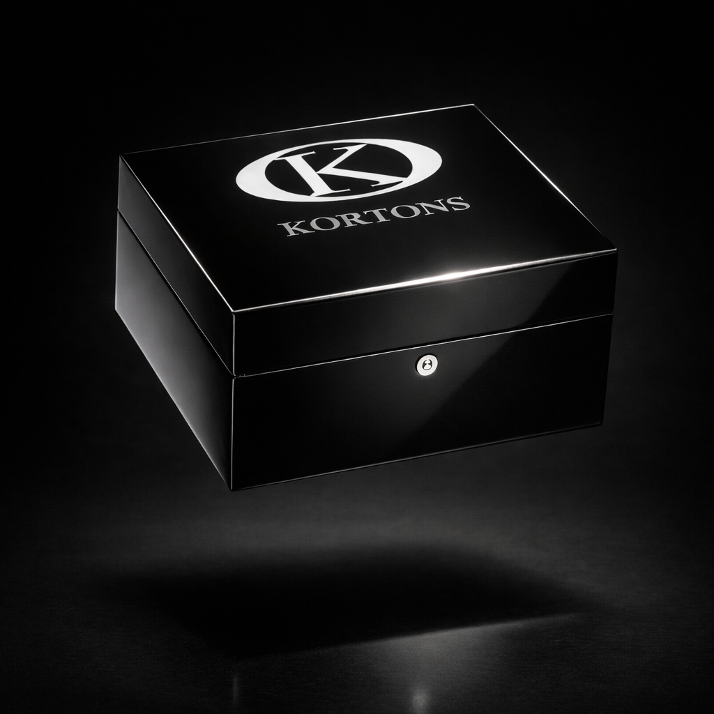 Glossy black Kortons humidor box floating above a reflective black glass surface with metallic logo, precision highlights, soft shadow, and dark atmospheric gradient background