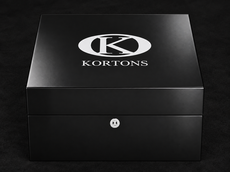 KORTONS black semi-gloss Eyelet Box with silver logo and centered lock on a smooth all-black suede background.