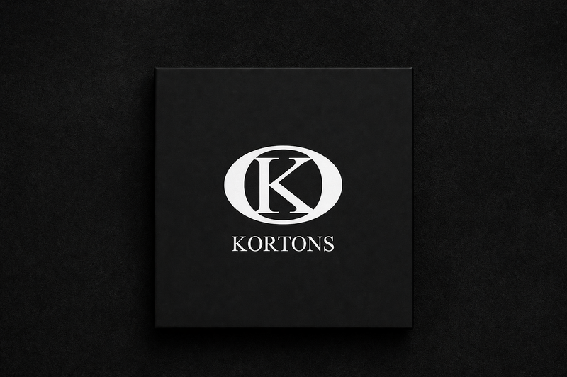Black KORTONS presentation box on a black suede background, featuring a white K monogram within an oval emblem above the KORTONS wordmark. A minimalist luxury composition emphasizing elegance, craftsmanship, and brand identity.
