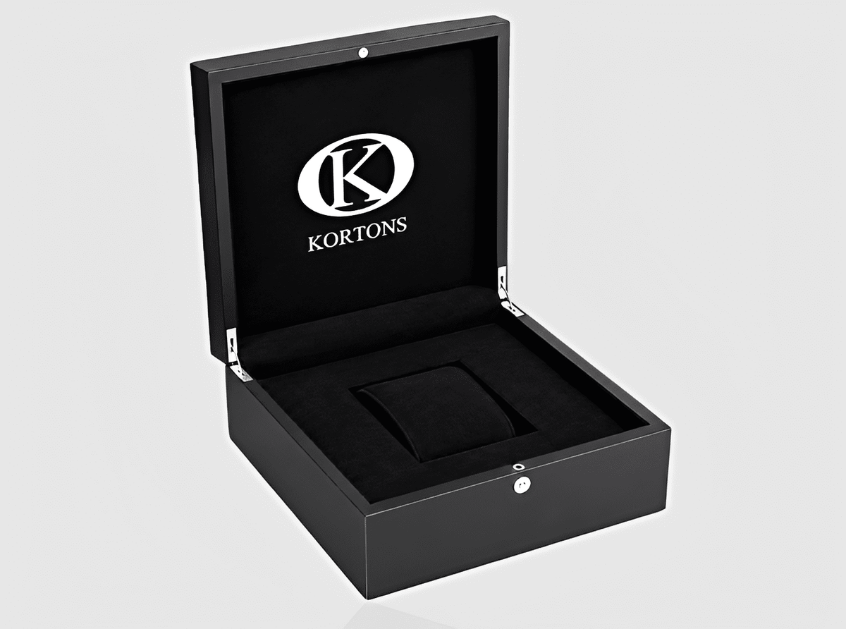 KORTONS Signature Eyelet Box Case open with luxurious interior and logo displayed on a sleek black design.